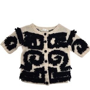 Anthropologie Wool Knit Cardigan Sweater SM Cream Black Fringe Short Sleeve Boho